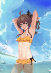 Rule 34 | abs, absurdres, arms up, beach, belly, bikini, bikini tan, bow, bow bikini, breasts, colored eyelashes, frilled bikini, frills, green eyes, hair between eyes, hair intakes, hair ornament, highres, hololive, looking at viewer, natsuiro matsuri, natsuiro matsuri (hololive summer 2019), official alternate costume, one-piece tan, orange bikini, ponytail, quatthro, side ponytail, sky, small breasts, smile, solo, swimsuit, tan, tanline, thighs, virtual youtuber, wet