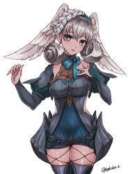 Rule 34 | 1girl, alternate color, black thighhighs, blue eyes, braid, breasts, cowboy shot, crown braid, head wings, highres, juliet sleeves, long sleeves, medium breasts, melia antiqua, nintendo, o-ring, parted lips, puffy sleeves, short shorts, shorts, silver hair, simple background, solo, takobe, thighhighs, twitter username, white background, wings, xenoblade chronicles, xenoblade chronicles: future connected, xenoblade chronicles (series), xenoblade chronicles 1