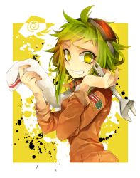 Rule 34 | 1girl, clenched teeth, goggles, goggles on head, green eyes, green hair, gumi, haru (oomr005), highres, holding, holding wrench, jacket, long sleeves, orange jacket, outline, paint splatter, short hair with long locks, solo, squiggle, sweat, teeth, towel, towel around neck, upper body, vocaloid, wrench, yellow background