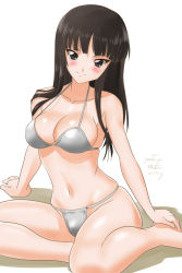 Rule 34 | 10s, 1girl, artist request, belly, bikini, blush, breasts, brown eyes, brown hair, collarbone, curvy, dated, girls und panzer, large breasts, long hair, looking at viewer, mature female, navel, nishizumi shiho, sitting, smile, stomach, swimsuit