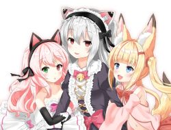 Rule 34 | 3girls, animal ear fluff, animal ears, arm hug, bad id, bad twitter id, bare shoulders, bell, black dress, blonde hair, blue eyes, cat ears, character request, detached sleeves, dress, empty eyes, facing viewer, fake animal ears, fangs, fox ears, fox tail, geso (nekomachi), girl sandwich, gloves, hair ornament, hairband, hairclip, heterochromia, jingle bell, kemomimi oukoku kokuei housou, long hair, looking at viewer, mikoko (kemomimi oukoku kokuei housou), multiple girls, navel, nora cat, nora cat channel, odd ai, oddai, open clothes, open mouth, open shirt, pink hair, pink shirt, red eyes, red skirt, sandwiched, shirt, silver hair, simple background, skirt, smile, strapless, strapless dress, tail, twintails, upper body, virtual youtuber, white background, white dress, white gloves