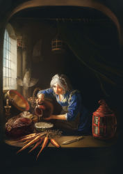 Rule 34 | 1girl, amibazh, apron, basket, bird, braid, cabbage, cage, candle, candlestand, carrot, closed mouth, curtains, dagger, fine art parody, food, fruit, grey eyes, indoors, izayoi sakuya, kitchen, knife, lamp, leaning forward, maid headdress, parody, pot, pouring, short hair, silver hair, smile, solo, swept bangs, table, touhou, twin braids, vegetable, waist apron, weapon, white apron, window, woman pouring water into a jar