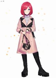 Rule 34 | 1girl, adapted costume, bad id, bad twitter id, bag, black footwear, blue eyes, boots, buttons, closed mouth, coat, cross-laced footwear, full body, handbag, highres, holding, jewelry, kairi (kingdom hearts), kingdom hearts, kingdom hearts iii, lace-up boots, legs apart, long sleeves, looking at viewer, mizu ramen, necklace, platform boots, platform footwear, red hair, short hair, smile, solo, standing, turtleneck, white background