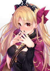 Rule 34 | 1girl, absurdres, blonde hair, blush, breasts, cape, cleavage, earrings, embarrassed, ereshkigal (fate), fate/grand order, fate (series), gradient background, grey background, hair ribbon, highres, jewelry, long hair, looking at viewer, medium breasts, nail polish, red eyes, red ribbon, ribbon, solo, steepled fingers, tiara, tohsaka rin, two side up, upper body, wakagi repa, white background