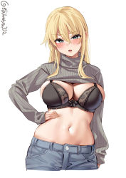Rule 34 | 1girl, aqua eyes, bismarck (kancolle), blonde hair, blush, bra, breasts, cleavage, clothes lift, cowboy shot, denim, ebifurya, hand on own hip, highres, jeans, kantai collection, large breasts, looking at viewer, midriff, navel, one-hour drawing challenge, pants, ribbed sweater, stomach, sweat, sweater, sweater lift, turtleneck, turtleneck sweater, twitter username, underwear, white background