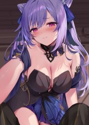 Rule 34 | 1girl, absurdres, bare shoulders, blue ribbon, blurry, blurry background, blush, breasts, cleavage, cone hair bun, double bun, dress, embarrassed, genshin impact, hair bun, hair ornament, highres, hizuki higure, keqing (genshin impact), keqing (opulent splendor) (genshin impact), large breasts, leaning forward, long hair, looking at viewer, outstretched arm, purple eyes, purple hair, raised eyebrows, ribbon, sweatdrop, swept bangs, twintails
