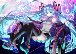 Rule 34 | 1girl, bare shoulders, black footwear, black gloves, black skirt, black thighhighs, blue eyes, blue hair, blue necktie, boots, breasts, closed mouth, collared shirt, commentary request, elbow gloves, full body, gloves, goggles, grey shirt, hatsune miku, headgear, hexagon, long hair, looking at viewer, necktie, official art, partially fingerless gloves, pleated skirt, shirt, shoe soles, skirt, sleeveless, sleeveless shirt, small breasts, smile, solo, thighhighs, thighhighs under boots, twintails, very long hair, vocaloid, yuuki kira