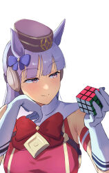 Rule 34 | 1girl, animal ears, bare shoulders, breasts, brown headwear, closed mouth, commentary request, dress, gloves, gold ship (umamusume), harakomeshi, highres, holding cube, horse ears, horse girl, large breasts, pillbox hat, purple eyes, red dress, rubik&#039;s cube, simple background, sleeveless, sleeveless dress, smile, solo, umamusume, upper body, white background, white gloves