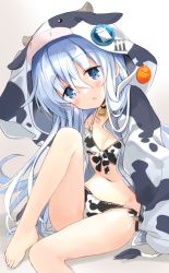 Rule 34 | 1girl, 2021, absurdres, animal costume, animal hood, animal print, barefoot, bell, bikini, blue eyes, blush, breasts, chinese zodiac, commentary request, cow hood, cow horns, cow print, fake horns, head tilt, hibiki (kancolle), highres, hizuki yayoi, hood, hoodie, horns, jacket, kantai collection, long hair, looking at viewer, navel, side-tie bikini bottom, silver hair, sitting, small breasts, solo, swimsuit, white bikini, year of the ox