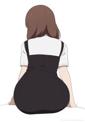 1girl ass ass_focus black_dress brown_hair commentary coro_fae dress english_commentary from_behind highres iino_miko kaguya-sama_wa_kokurasetai_~tensai-tachi_no_renai_zunousen~ school_uniform shirt shuuchiin_academy_school_uniform simple_background sitting solo white_background white_shirt