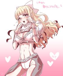 Rule 34 | 1girl, armor, blonde hair, blue eyes, blunt bangs, blush, bow, breasts, charlotte (fire emblem), cleavage, fire emblem, fire emblem fates, frills, gradient background, hair bow, heart, heart background, large breasts, long hair, michiko (simi), navel, nintendo, open mouth, pauldrons, shoulder armor, solo, spikes, tears, toned, translation request, vambraces, wavy hair, white bow