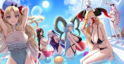 6+girls animal animal_ear_fluff animal_on_head aqua_hair asymmetrical_bangs ball bare_shoulders bikini black_bikini black_hair blonde_hair blue_hair blue_sky blush body_markings bow bracelet braid braided_ponytail breasts chest_tattoo cleavage cloud colored_inner_hair commentary curled_horns earrings eating ereshkigal_(fate) facial_mark fate/grand_order fate_(series) flower food forehead_mark fou_(fate) glasses grey_one-piece_swimsuit grin hair_between_eyes hair_bow hair_flower hair_ornament hair_over_one_eye hair_ribbon hairband highleg highleg_one-piece_swimsuit highres horns jewelry kama_(fate) kama_(swimsuit_avenger)_(fate) kama_(swimsuit_avenger)_(third_ascension)_(fate) koyanskaya_(fate) large_breasts larva_tiamat_(fate) larva_tiamat_(third_ascension)_(fate) light_rays long_hair looking_at_viewer multicolored_hair multiple_girls navel necklace nero_claudius_(fate) nero_claudius_(fate)_(all) o-ring olga_marie_animusphere on_head one-piece_swimsuit open_mouth parted_bangs party pearl_necklace pink_eyes pink_hair pointy_ears pool popsicle purple_one-piece_swimsuit queen_draco_(fate) queen_draco_(third_ascension)_(fate) red_eyes ribbon sarong sessyoin_kiara sessyoin_kiara_(swimsuit_mooncancer) sessyoin_kiara_(swimsuit_mooncancer)_(first_ascension) shell shell_necklace shiroshisu sidelocks sitting sky smile space_ereshkigal_(fate) space_ereshkigal_(first_ascension)_(fate) star_(symbol) star_earrings streaked_hair sun swimsuit symbol-shaped_pupils tamamo_(fate) tattoo tiamat_(fate) twin_braids two-tone_hair two-tone_swimsuit two_side_up u-olga_marie very_long_hair white_bikini white_hair white_one-piece_swimsuit yellow_eyes