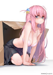 Rule 34 | 1girl, black skirt, blue eyes, bocchi the rock!, box, bra, breasts, cardboard box, cube hair ornament, gotoh hitori, hair ornament, hong (white spider), large breasts, pink hair, scared, simple background, skirt, solo, underwear