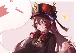 Rule 34 | 1girl, absurdres, black hat, black nails, closed eyes, flower, genshin impact, ghost, hat, highres, hu tao (genshin impact), jewelry, long sleeves, nail polish, open mouth, red eyes, red flower, ring, skedli, smile, solo, symbol-shaped pupils, teeth, twintails