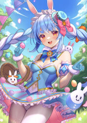 Rule 34 | 1girl, animal ears, basket, blue gloves, blue hair, blue sky, blush, braid, carrot hair ornament, clothing cutout, commentary request, cowboy shot, day, detached sleeves, don-chan (usada pekora), easter egg, egg, extra ears, food-themed hair ornament, frilled skirt, frills, fur-trimmed gloves, fur trim, gloves, hair ornament, hat, highres, holding, holding egg, hololive, imahuku, leotard, long hair, looking at viewer, mini hat, mini top hat, multicolored hair, navel, navel cutout, pekomon (usada pekora), open mouth, orange eyes, outdoors, panties, pantyhose, puffy short sleeves, puffy sleeves, rabbit-shaped pupils, rabbit ears, rabbit girl, short eyebrows, short sleeves, skirt, sky, smile, solo, sparkle, symbol-shaped pupils, teeth, thick eyebrows, top hat, twin braids, twintails, two-tone hair, underwear, upper teeth only, usada pekora, virtual youtuber, white hair, white leotard