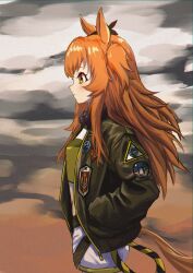 Rule 34 | 1girl, absurdres, animal ears, banpunsik, black bow, bomber jacket, bow, breasts, commentary, cowboy shot, ear bow, green jacket, hair between eyes, hands in pockets, harness, highres, horse ears, horse girl, horse tail, jacket, long hair, long sleeves, looking at viewer, mayano top gun (umamusume), midriff, navel, orange eyes, orange hair, shorts, simple background, small breasts, solo, tail, tank top, thigh strap, two side up, umamusume, white shorts, yellow tank top