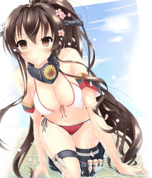 Rule 34 | 10s, 1girl, adapted costume, akairo no mako, beach, bikini, breasts, brown eyes, brown hair, cherry blossoms, cleavage, covered erect nipples, flower, hair flower, hair ornament, highres, kantai collection, large breasts, long hair, navel, personification, ponytail, red bikini, single thighhigh, smile, solo, swimsuit, thigh strap, thighhighs, very long hair, wet, yamato (kancolle)