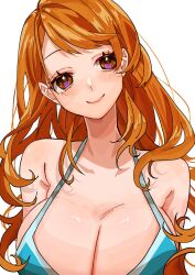 Rule 34 | 1girl, armpit crease, azuki sena, bare shoulders, bikini, bikini top only, blue bikini, breasts, brown eyes, cleavage, closed mouth, collarbone, commentary, halterneck, highres, large breasts, long hair, looking at viewer, nami (one piece), one piece, orange hair, smile, solo, swept bangs, swimsuit, upper body, wavy hair, white background