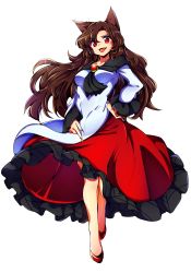 Rule 34 | &gt;:d, 1girl, :d, absurdres, animal ears, baba (baba seimaijo), blouse, breasts, brooch, brown hair, fingernails, frilled skirt, frilled sleeves, frills, full body, hand on own hip, highres, imaizumi kagerou, jewelry, long fingernails, long hair, long skirt, long sleeves, looking at viewer, nail polish, open mouth, red eyes, red footwear, red nails, red skirt, sharp fingernails, shirt, shoes, skirt, small breasts, smile, solo, standing, tachi-e, tongue, tongue out, touhou, transparent background, v-shaped eyebrows, very long hair, white background, white shirt, wolf ears, wolf girl