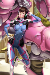 Rule 34 | 1girl, animal print, artist name, black eyes, blurry, bodysuit, boots, breasts, brown eyes, brown hair, blowing bubbles, building, chewing gum, clothes writing, covered mouth, d.va (overwatch), depth of field, facial mark, gloves, gluteal fold, hand on own hip, hand on own head, headphones, iury padilha, leaning to the side, long hair, looking at viewer, mecha, meka (overwatch), one eye closed, outdoors, overwatch, overwatch 1, pilot suit, rabbit print, robot, shade, solo, standing, standing on one leg, swept bangs, tree, whisker markings, white gloves