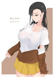 Rule 34 | 1girl, absurdres, asymmetrical bangs, black hair, breasts, brown eyes, brown jacket, chi-hatan military uniform, closed mouth, clothes pull, commentary, cowboy shot, dated, expressionless, girls und panzer, highres, irukatto, jacket, jacket pull, large breasts, long hair, long sleeves, looking to the side, military, military uniform, miniskirt, nishi kinuyo, off shoulder, pleated skirt, shirt, short sleeves, skirt, solo, standing, straight hair, t-shirt, twitter username, uniform, white shirt, yellow skirt