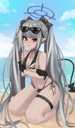 Rule 34 | 1girl, bad id, bad pixiv id, bare shoulders, beach, bikini, black bikini, blue archive, blush, breasts, choker, cloud, cloudy sky, covering privates, covering breasts, demon tail, glasses, gloves, iori (blue archive), iori (swimsuit) (blue archive), jewelry, kneeling, long hair, looking at viewer, mandarok1149, multi-strapped bikini bottom, navel, necklace, ocean, red eyes, silver hair, sky, solo, sunglasses, swimsuit, tail, thick thighs, thighs