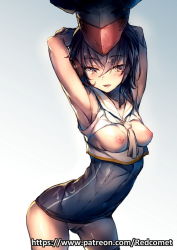 Rule 34 | 10s, 1girl, arms up, bare shoulders, blush, breasts, breasts out, brown eyes, brown hair, cleft of venus, covered navel, hair between eyes, hat, i-13 (kancolle), kantai collection, nipples, open mouth, pussy, redcomet, sailor collar, school swimsuit, short hair, simple background, smile, solo, swimsuit, uncensored, watermark, web address