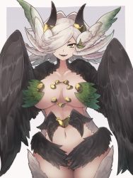 Rule 34 | 1girl, :d, black feathers, black wings, breasts, collarbone, commentary request, cowboy shot, elil (granblue fantasy), fangs, feathered wings, feathers, granblue fantasy, green eyes, green feathers, hair over one eye, harpy, head wings, highres, horns, large breasts, long hair, looking at viewer, medium hair, monster girl, navel, one eye covered, open mouth, simple background, smile, solo, thick thighs, thighs, white background, white hair, winged arms, wings, yonaga san