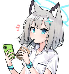 Rule 34 | 1girl, animal ear fluff, animal ears, blue archive, blue eyes, breast pocket, cat ears, cat girl, cellphone, collared shirt, cross hair ornament, cup, disposable cup, dress shirt, drinking, drinking straw, grey hair, hair ornament, halo, holding, holding phone, junsuina fujunbutsu, phone, pocket, school uniform, shiroko (blue archive), shirt, short hair, short sleeves, simple background, smartphone, solo, upper body, white background, white shirt, wing collar