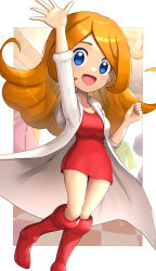 Rule 34 | 1girl, :d, absurdres, arm up, blue eyes, blush, boots, breasts, coat, collarbone, commentary, commentary request, contrapposto, dress, full body, gonzarez, happy, highres, lab coat, long hair, looking at viewer, medium breasts, mona (warioware), nintendo, open clothes, open mouth, orange hair, red dress, red footwear, short dress, smile, solo, sparkle, warioware, waving arm, white coat