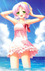 Rule 34 | 1girl, absurdres, arms up, blush, cafe sourire, cloud, cloudy sky, collarbone, cowboy shot, day, dress, green eyes, hair ornament, hairclip, highres, light rays, looking at viewer, mizushima kasumi, natsume eri, ocean, open mouth, parted bangs, pink hair, short hair, sky, smile, solo, sundress, swimsuit, swimsuit under clothes