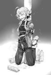 Rule 34 | arknights, arm band, ball gag, bdsm, bondage, bottle, bound, closed eyes, gag, highres, jacket, mayer (arknights), monochrome, pantyhose, peeing, short hair, sweater, tail, tied to pole, torn clothes, water bottle
