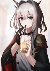 Rule 34 | 1girl, arknights, blush, bubble tea, drinking, hair between eyes, hair intakes, highres, horns, krirk, self-upload, silver hair, simple background, solo, talulah (arknights), talulah the fighter (arknights)