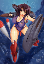 Rule 34 | 1girl, absurdres, breasts, brown eyes, brown hair, cameltoe, highres, i-400 (mc axis), imperial japanese navy, large breasts, mc axis, mecha musume, one-piece swimsuit, personification, purple hair, shirt, submarine, swimsuit, taut clothes, taut shirt, torpedo, us@myo, watercraft