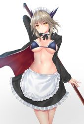 Rule 34 | 1girl, absurdres, apron, artoria pendragon (alter swimsuit rider) (fate), artoria pendragon (alter swimsuit rider) (second ascension) (fate), artoria pendragon (fate), artoria pendragon (lancer alter) (fate), bikini, bikini top only, black bikini, blush, breasts, brown hair, cleavage, closed mouth, fate/grand order, fate (series), highres, large breasts, looking at viewer, maid, maid apron, maid headdress, navel, short hair, solo, suiroh (shideoukami), swimsuit, yellow eyes