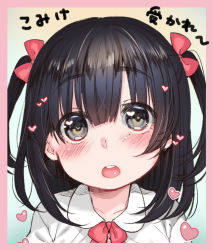 Rule 34 | 1girl, bad id, bad pixiv id, blouse, blue eyes, blush, character request, child, collarbone, collared shirt, dancho (dancyo), gradient background, hair between eyes, hair ribbon, heart, heart-shaped pupils, open mouth, portrait, red ribbon, ribbon, shirt, short twintails, solo, symbol-shaped pupils, twintails, two side up, white shirt