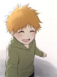 Rule 34 | 1boy, aged down, bleach, blush, green hoodie, happy, highres, hood, hoodie, konetaa, kurosaki ichigo, long sleeves, male focus, open mouth, orange hair, short hair, solo, standing, upper body, white background