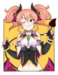 Rule 34 | 1girl, bare shoulders, black gloves, black jacket, blush, bow, bracelet, breasts, brooch, cropped jacket, demon horns, demon tail, earrings, elbow gloves, fake horns, fake tail, gloves, grid background, hair bow, hair ribbon, hands up, highres, horns, idolmaster, idolmaster cinderella girls, idolmaster cinderella girls starlight stage, jacket, jewelry, jougasaki mika, long hair, looking at viewer, medium breasts, multicolored ribbon, navel, open mouth, outside border, pink hair, pink nails, pink ribbon, ribbon, smile, solo, tail, twintails, wasabijoyu76, yellow background, yellow eyes