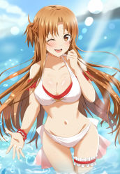 Rule 34 | 1girl, :d, asuna (sao), bikini, blue sky, blurry, blurry background, braid, breasts, brown eyes, brown hair, cleavage, collarbone, dars (recolors), hand up, highres, large breasts, long hair, looking at viewer, navel, ocean, one eye closed, open mouth, partially submerged, shiny skin, short ponytail, sky, smile, solo, sunlight, swimsuit, sword art online, thigh strap, wet, white bikini, wristband