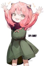 Rule 34 | 1girl, anya (spy x family), arms up, blush, child, copyright name, eyebrows hidden by hair, female focus, frills, green eyes, grey background, highres, long hair, open hands, open mouth, pink hair, signature, simple background, smile, solo, spy x family, syu45, teeth, upper body