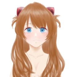 Rule 34 | 1girl, artist request, blue eyes, breasts, brown hair, hair over breasts, highres, interface headset, long hair, neon genesis evangelion, nude, simple background, skin tight, small breasts, smile, solo, souryuu asuka langley, upper body, white background