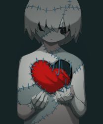 Rule 34 | 1boy, absurdres, avogado6, black eyes, closed mouth, completely nude, expressionless, green background, grey hair, heart, highres, hole in chest, hole on body, jitome, nude, original, patchwork skin, simple background, solo, stitched arm, stitched face, stitches, upper body