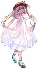Rule 34 | 1girl, aqua footwear, bare shoulders, blue eyes, dress, fate/grand order, fate (series), flower, footwear flower, full body, hair between eyes, hat, hat ribbon, highres, lily (flower), long hair, looking at viewer, marie antoinette (fate), marie antoinette (fate/grand order), marie antoinette (swimsuit caster) (fate), marie antoinette (swimsuit caster) (second ascension) (fate), off-shoulder dress, off shoulder, open mouth, plaid, plaid ribbon, ribbon, sandals, seashell, shell, shell hair ornament, simple background, skirt hold, smile, solo, standing, starfish, starfish hair ornament, sun hat, sundress, teeth, tsengyun, twintails, upper teeth only, white background, white dress, white flower, white hair, white lily