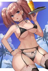 Rule 34 | 1girl, alternate costume, atlanta (kancolle), bikini, black bikini, black garter belt, black thighhighs, blue sky, blush, bracelet, breasts, brown hair, cleavage, cloud, commentary request, earrings, garter belt, grey eyes, hand on own hip, hand up, highres, holding, holding tray, jewelry, kantai collection, kihou no gotoku dmc, lace, lace-trimmed legwear, lace trim, large breasts, long hair, maid, maid bikini, navel, open mouth, outdoors, palm tree, single earring, sky, solo, star (symbol), star earrings, string bikini, sun, sweat, swimsuit, thighhighs, thighs, tray, tree, two side up, unconventional maid