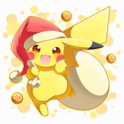 Rule 34 | 2016, christmas, clothed pokemon, creatures (company), full body, game freak, gen 1 pokemon, happy, hat, holidays, nintendo, no humans, open mouth, pikachu, pokemon, pokemon (creature), red hat, santa hat, solo, white background