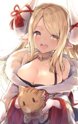 Rule 34 | 1girl, :d, animal, armpit crease, backlighting, bare shoulders, black bra, blurry, blush, boar, bra, breasts, brown hair, carrying, chinese zodiac, cleavage, collar, collarbone, commentary request, dark-skinned female, dark skin, depth of field, fang, fur collar, granblue fantasy, halterneck, highres, horn ornament, horn ribbon, horns, kumbhira (granblue fantasy), large breasts, long hair, looking at viewer, off shoulder, open mouth, pointy ears, red ribbon, ribbon, sidelocks, smile, solo, swept bangs, tassel, topia, underwear, upper body, white background, wide sleeves, yellow eyes