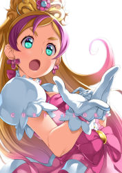 Rule 34 | 1girl, absurdres, blonde hair, blue eyes, box, character name, cure flora, earrings, gloves, go! princess precure, haruno haruka, highres, jewelry, long hair, multicolored hair, precure, puffy short sleeves, puffy sleeves, short sleeves, tiara, two-tone hair, white background, white gloves, yuuzii