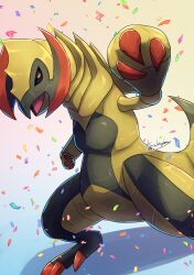 Rule 34 | animal focus, black sclera, claws, colored sclera, colored skin, commentary request, confetti, creatures (company), game freak, gen 5 pokemon, gradient background, green skin, haxorus, highres, multicolored background, nintendo, no humans, open mouth, pokemon, pokemon (creature), red eyes, shadow, signature, tail, tanpakuroom