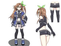 Rule 34 | 10s, 1girl, adapted costume, alternate costume, artist request, ass, bad id, bad pixiv id, bare shoulders, black thighhighs, blush, bow, breasts, bridal gauntlets, brown hair, coat, derivative work, detached sleeves, green eyes, hair bow, hair ornament, highres, if (neptunia), jacket, long hair, miniskirt, navel, neptune (series), panties, pantyshot, shadow, shiny skin, side ponytail, sideboob, simple background, sketch, skirt, smile, solo, standing, thighhighs, underwear