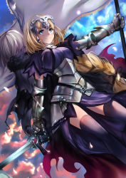Rule 34 | 2girls, armor, armored dress, back-to-back, banner, black bow, black legwear, blonde hair, blue dress, bow, braid, dress, dutch angle, fate (series), gauntlets, hair bow, highres, holding, holding sword, holding weapon, jeanne d&#039;arc (fate), jeanne d&#039;arc (ruler) (fate), jeanne d&#039;arc alter (avenger) (fate), jeanne d&#039;arc alter (fate), long hair, low-tied long hair, multiple girls, outdoors, outstretched arm, rahato, silver hair, single braid, standing, sword, thighhighs, very long hair, weapon